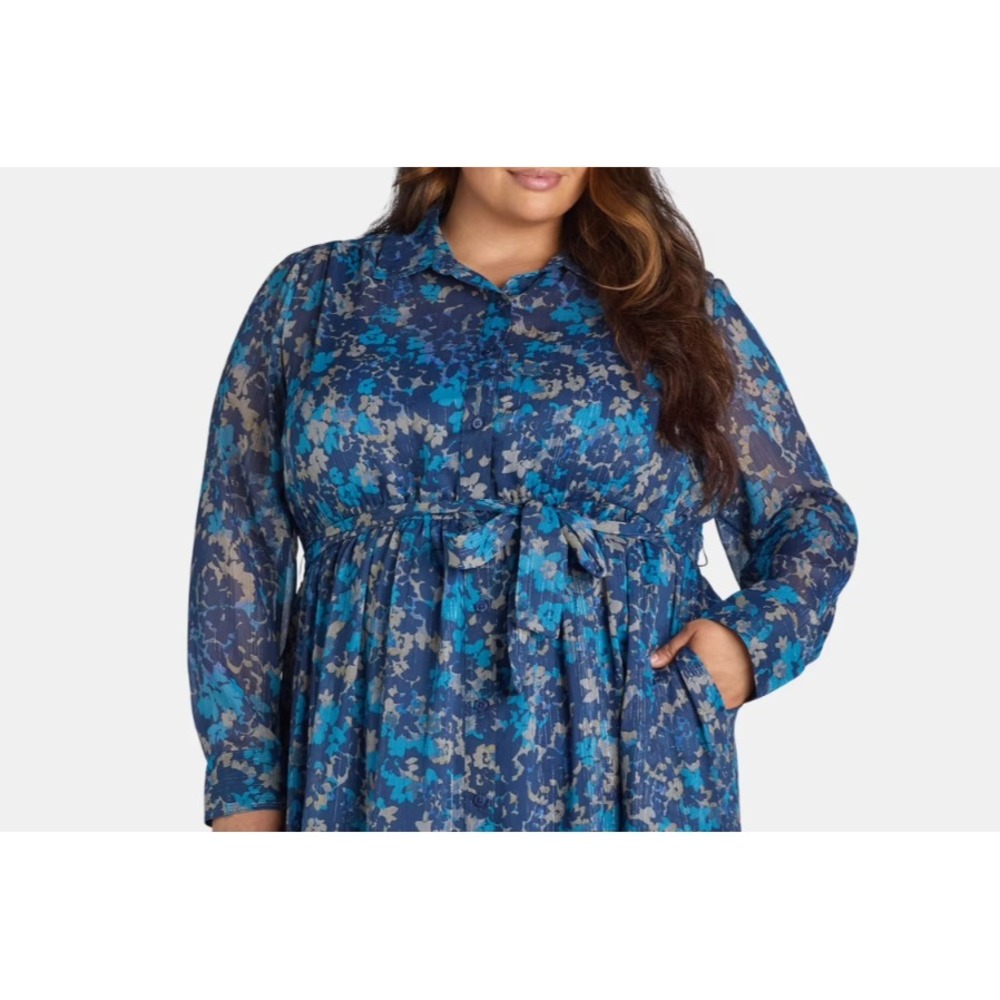 Terra & Sky Womens Shirtdress Size 0X Blue Maxi Floral Tie-Waist Elegant - Picture 7 of 12